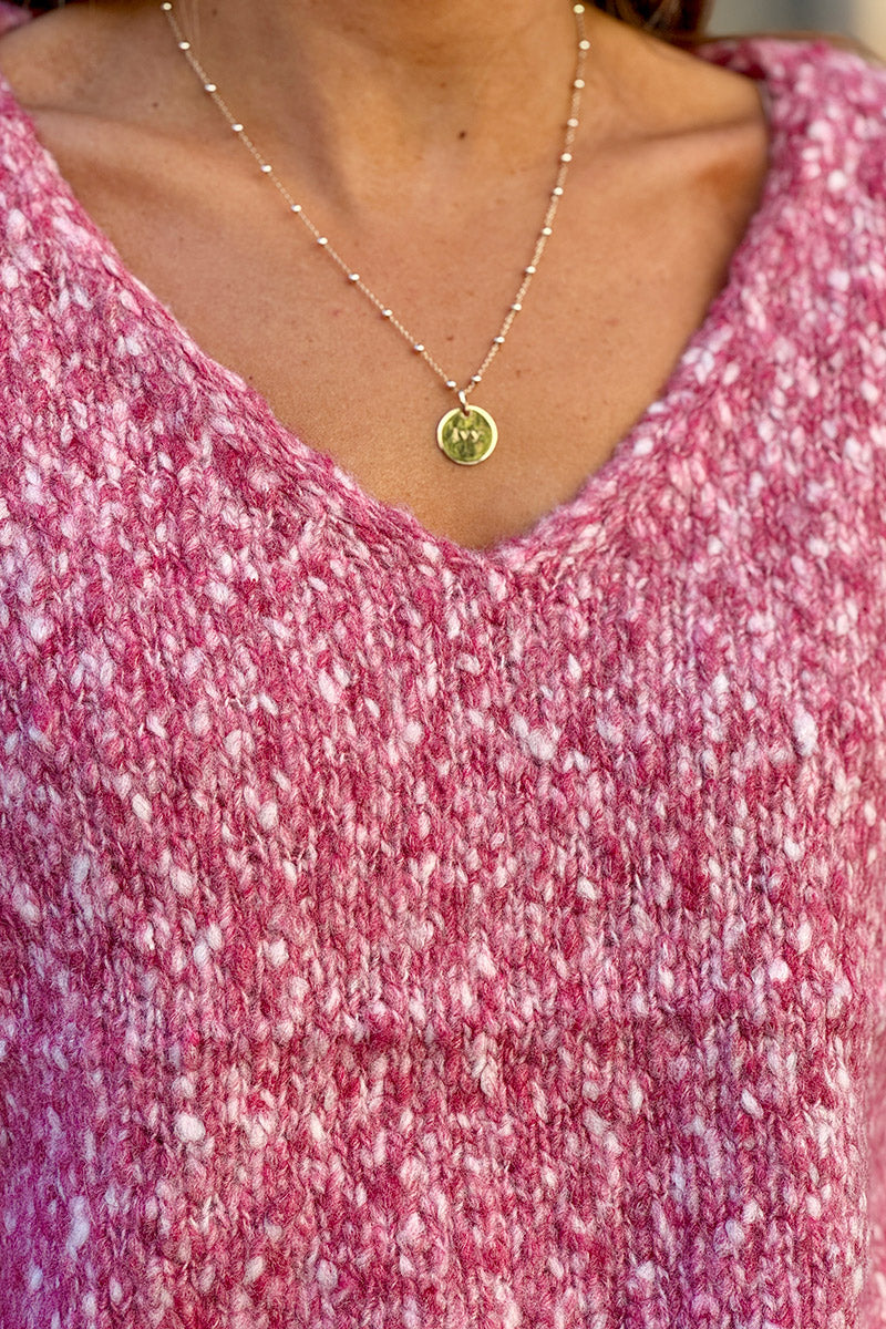 Pull moelleux rose en maille chinée col v