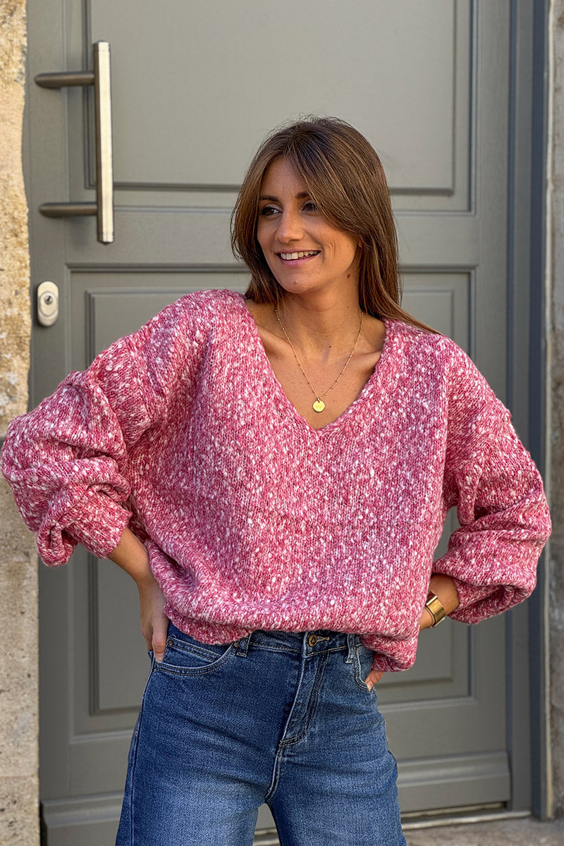 Pull moelleux rose en maille chinée col v