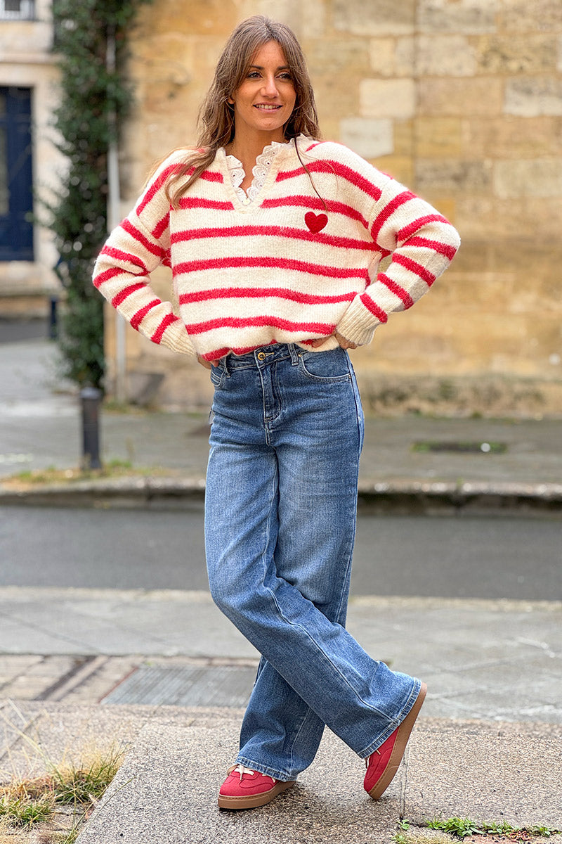 Red Stripe Vintage Heart Jumper