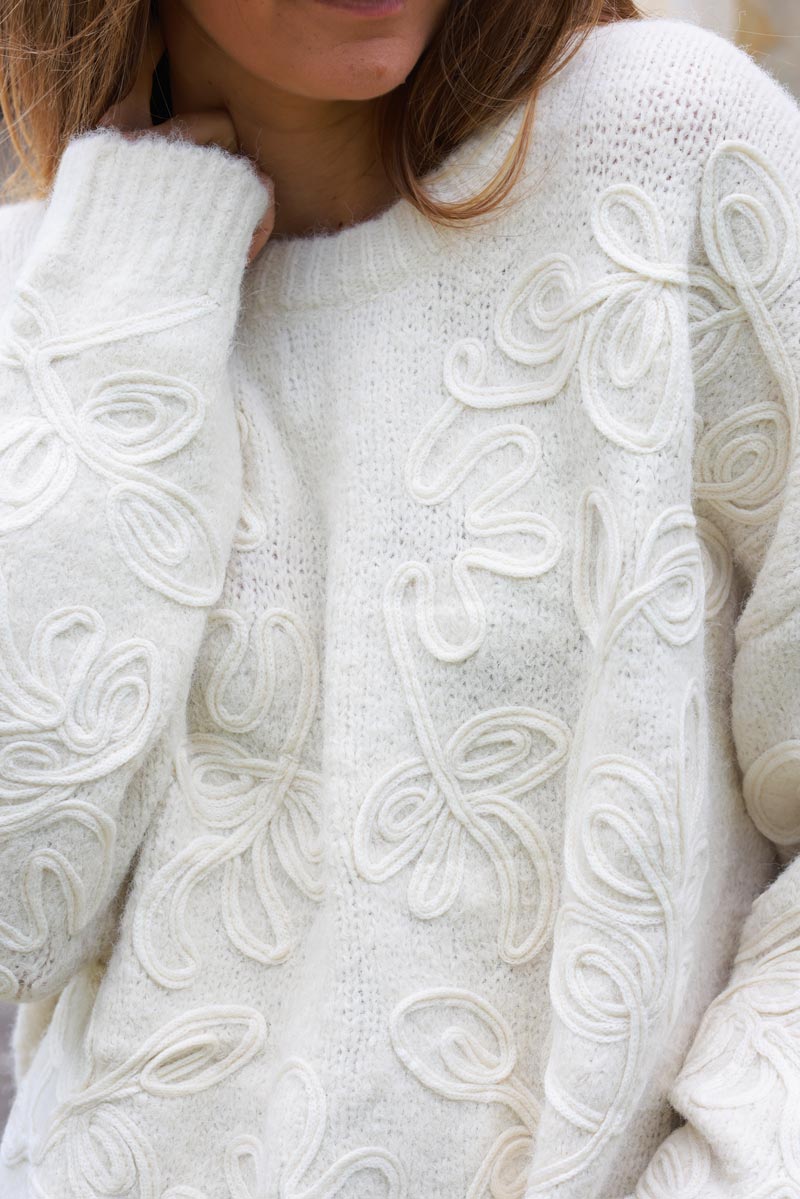 Beige Embroidered Floral Sweater