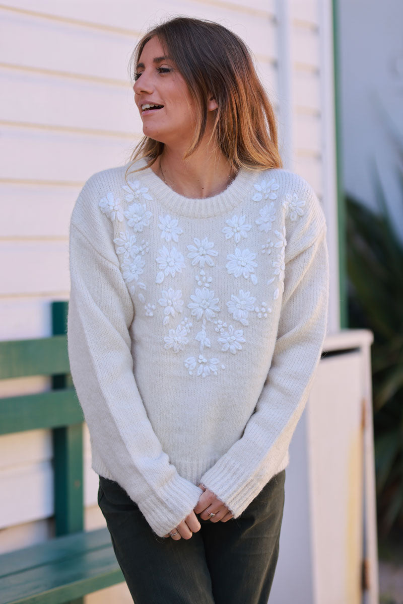 Cream Wool Blend Sweater with White Floral Trim