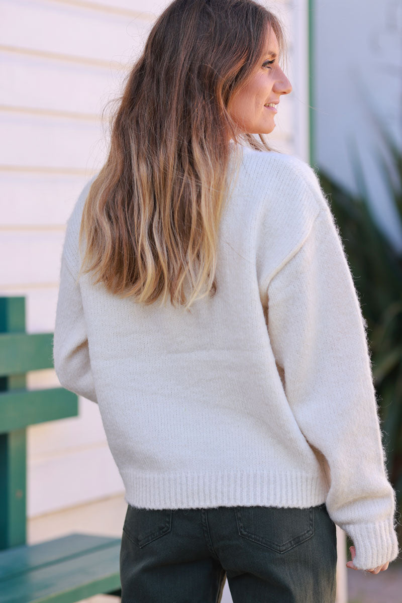 Cream Wool Blend Sweater with White Floral Trim