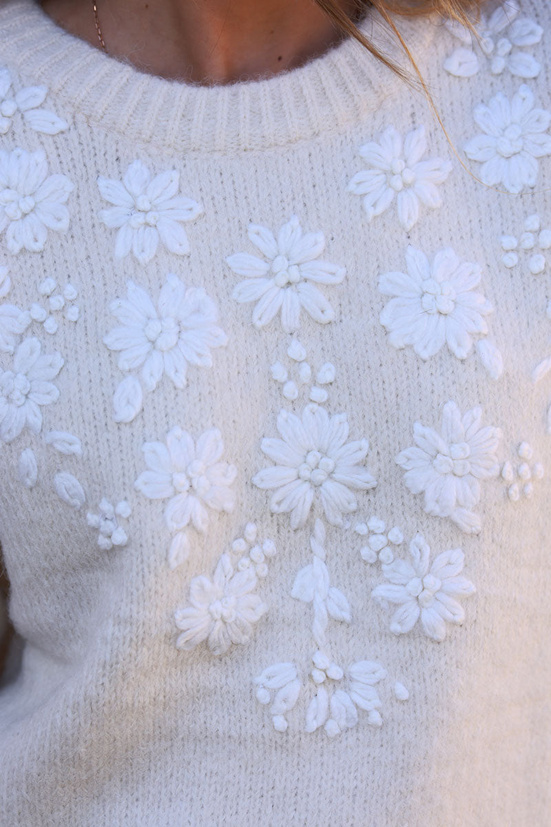 Cream Wool Blend Sweater with White Floral Trim