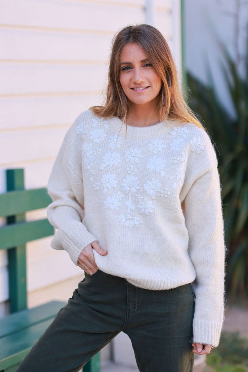 Cream Wool Blend Sweater with White Floral Trim