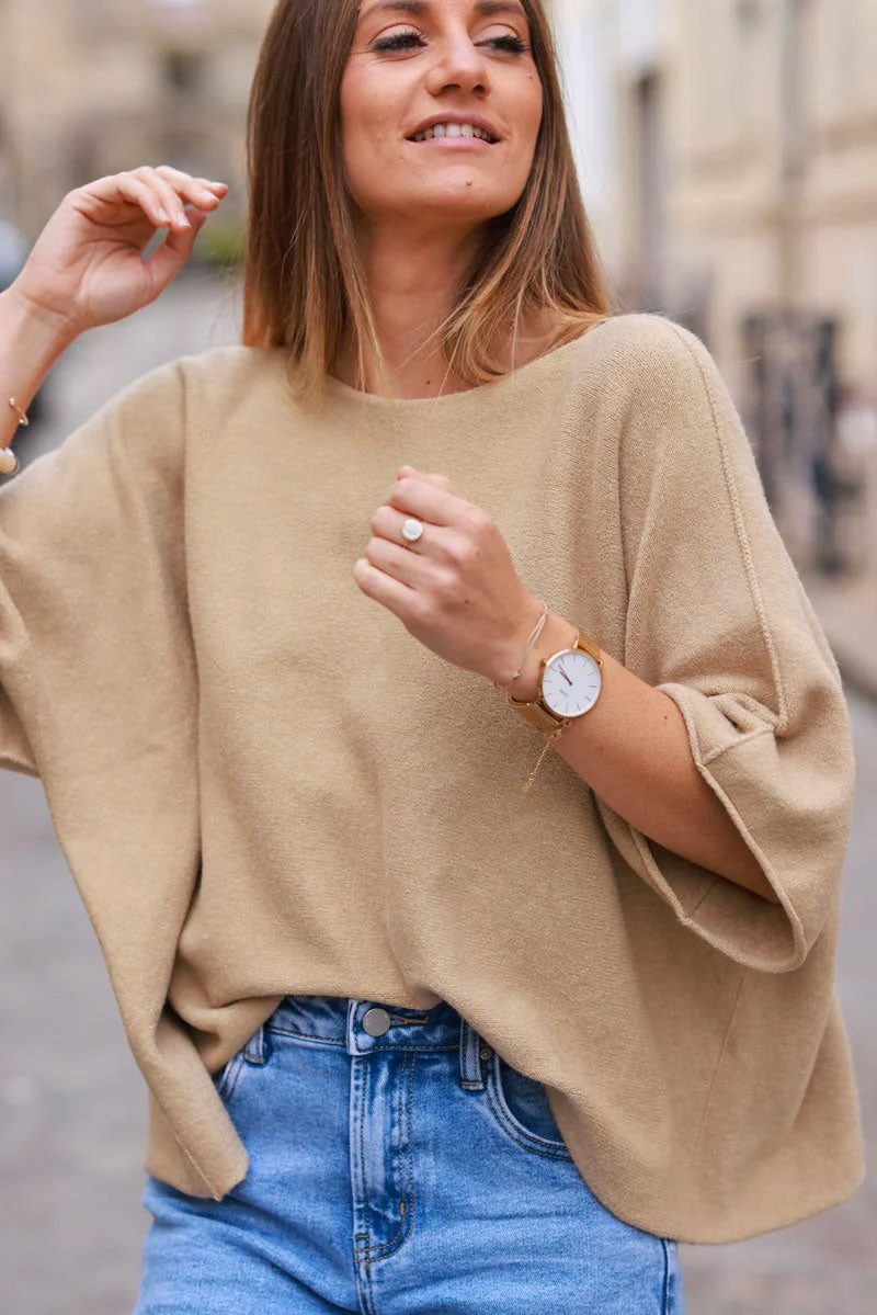 Light Camel Knit Batwing Blouse
