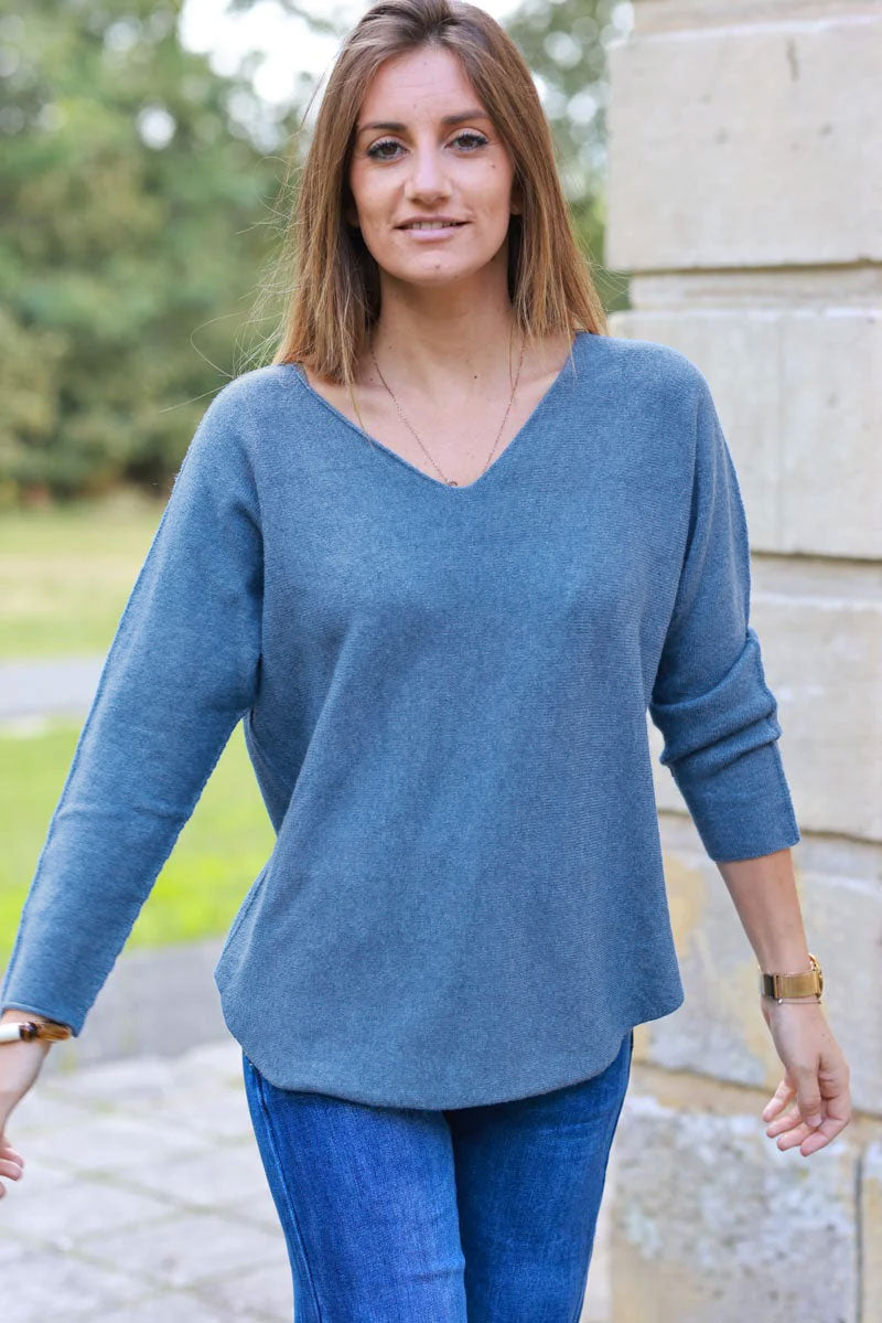 Pull moelleux tout doux bleu jean col v