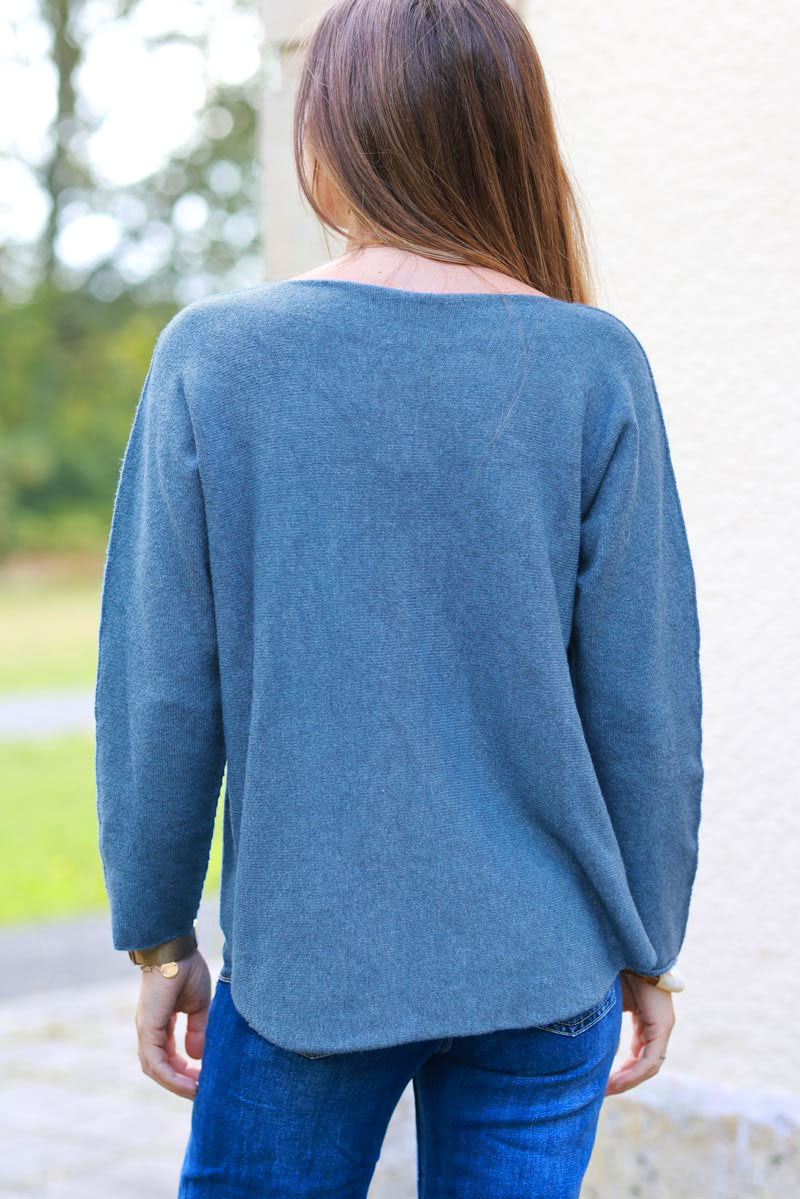 Pull moelleux tout doux bleu jean col v