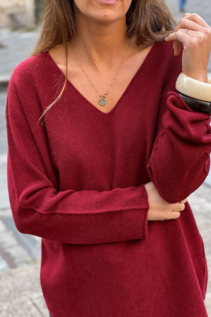 Pull Mixte Bleu Kaki/bordeaux Col V - Taille 10 Ans - Occasion Très Bon état