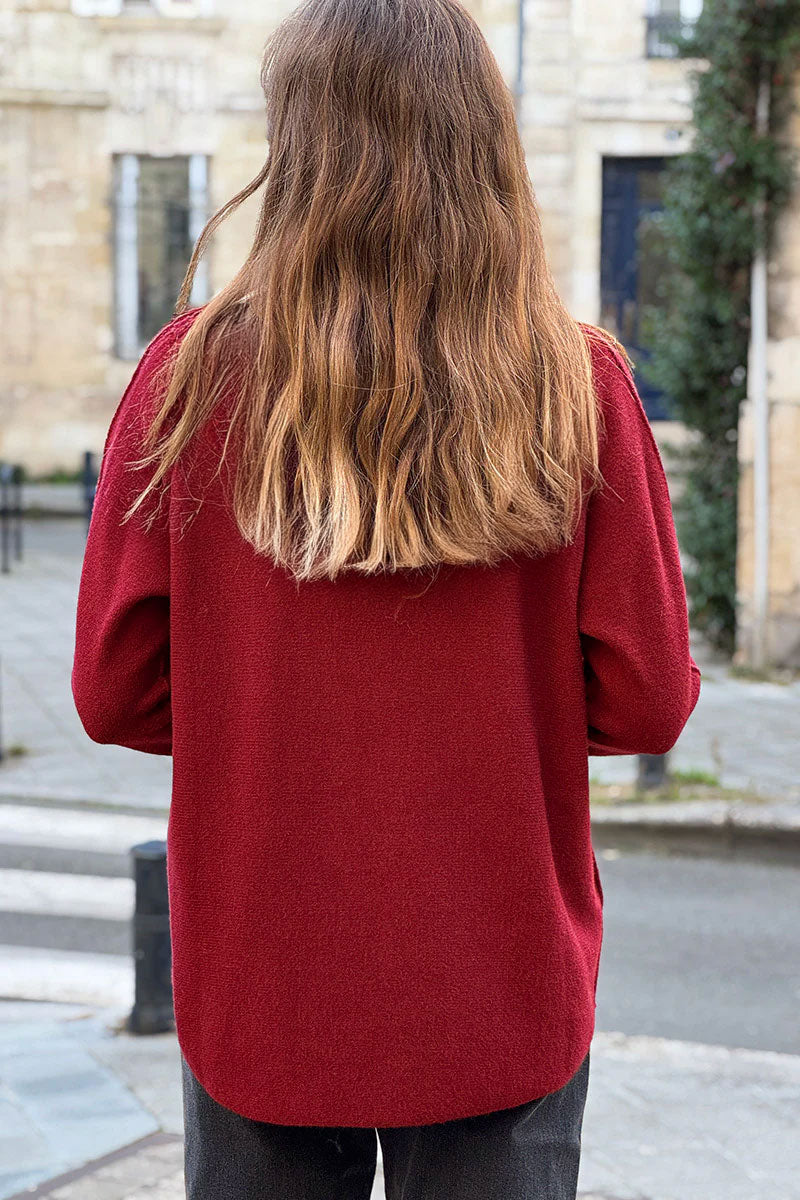 Pull moelleux tout doux bordeaux col V