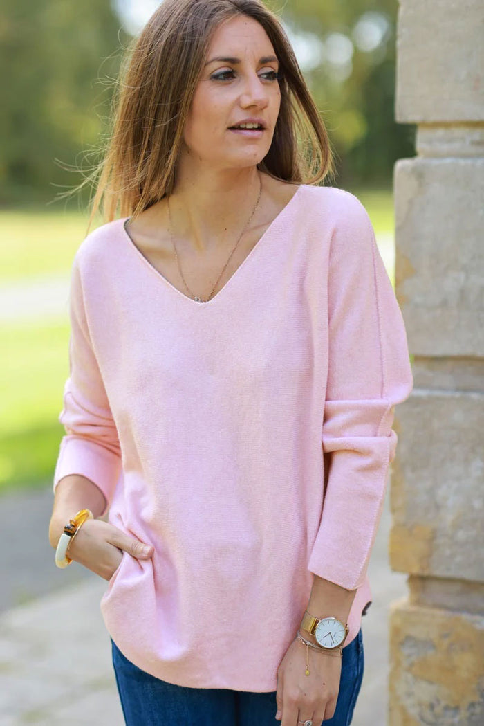Pull moelleux tout doux rose pâle col v - Horizons Lointains