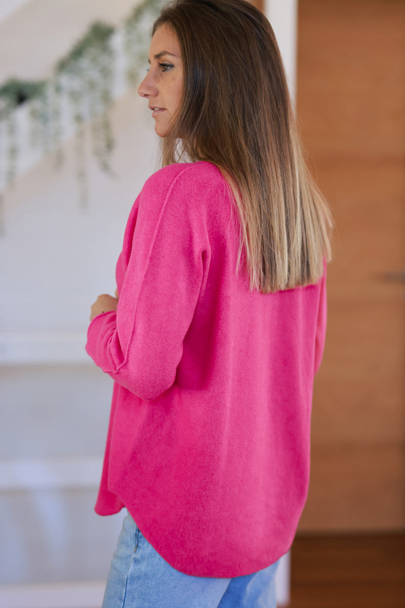 Pull moelleux tout doux fuchsia col v