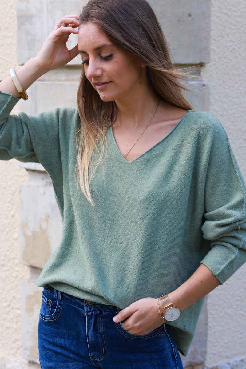 Eloise Light Khaki ultra-soft, Viscose Blend V-Neck Sweater