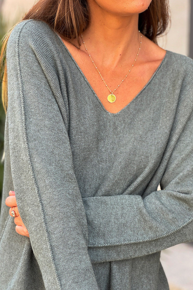 Pull moelleux tout doux kaki col v
