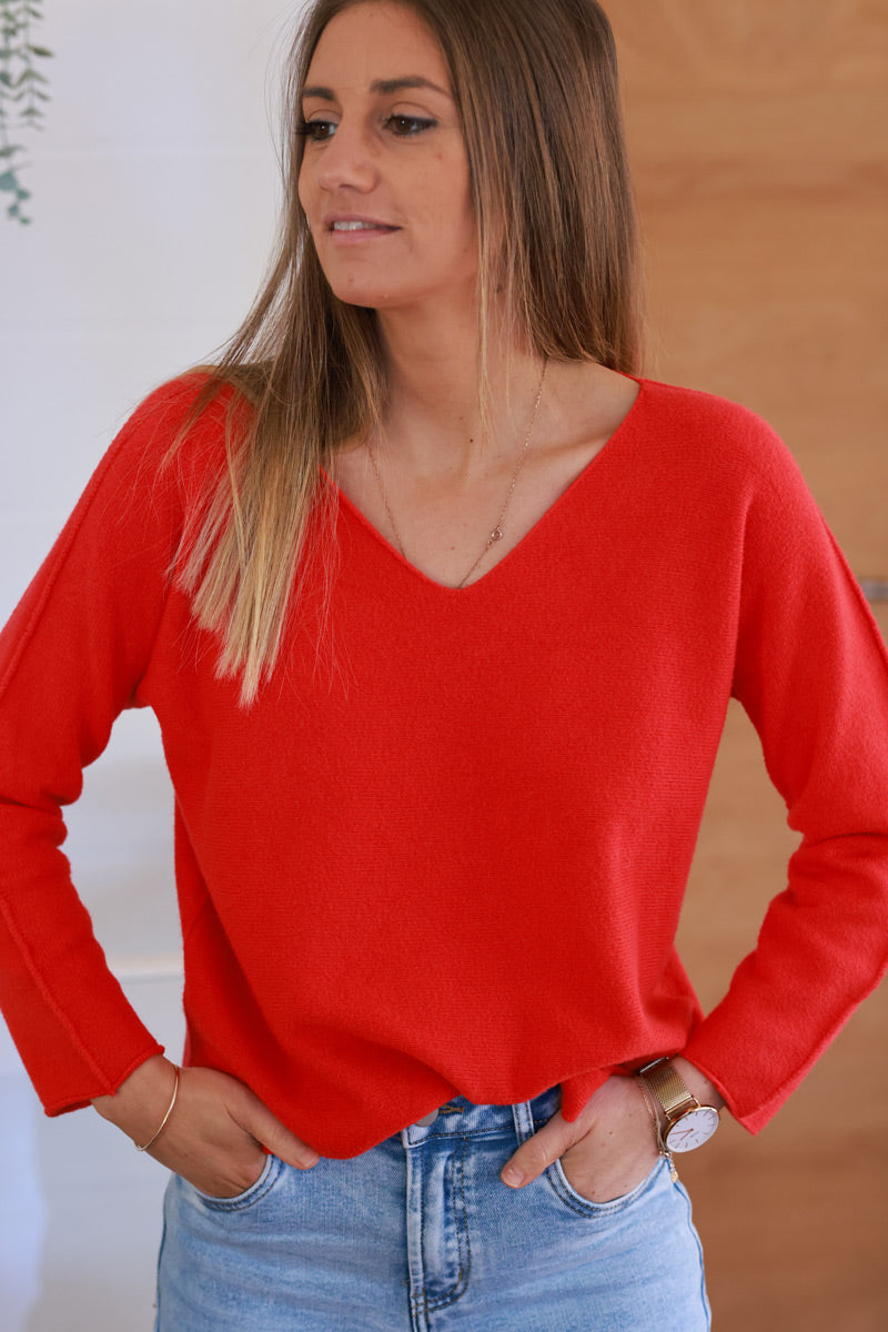 Pull moelleux tout doux rouge col v