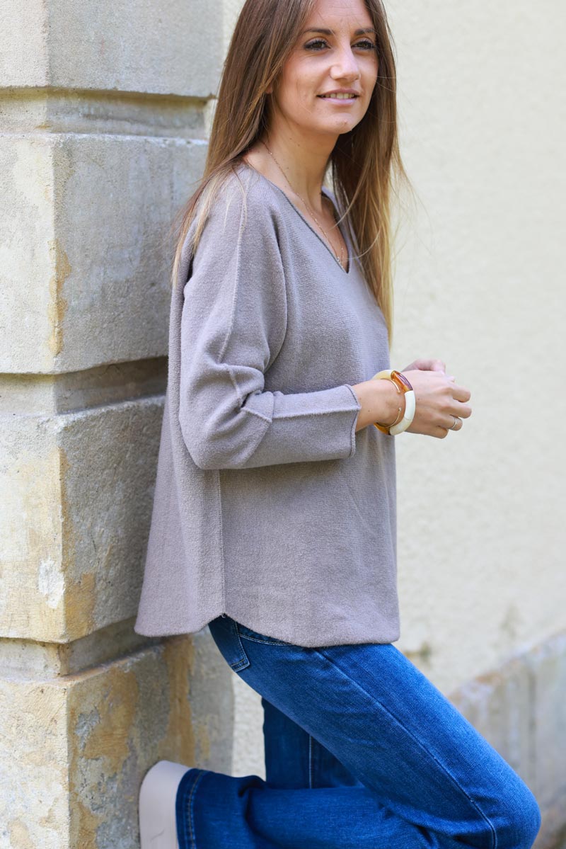 Eloise Taupe ultra-soft, Viscose Blend V-Neck Jumper