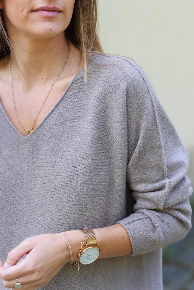 Eloise Taupe ultra-soft, Viscose Blend V-Neck Sweater