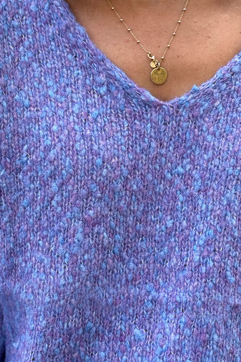 Pull moelleux violet en maille chinée col v