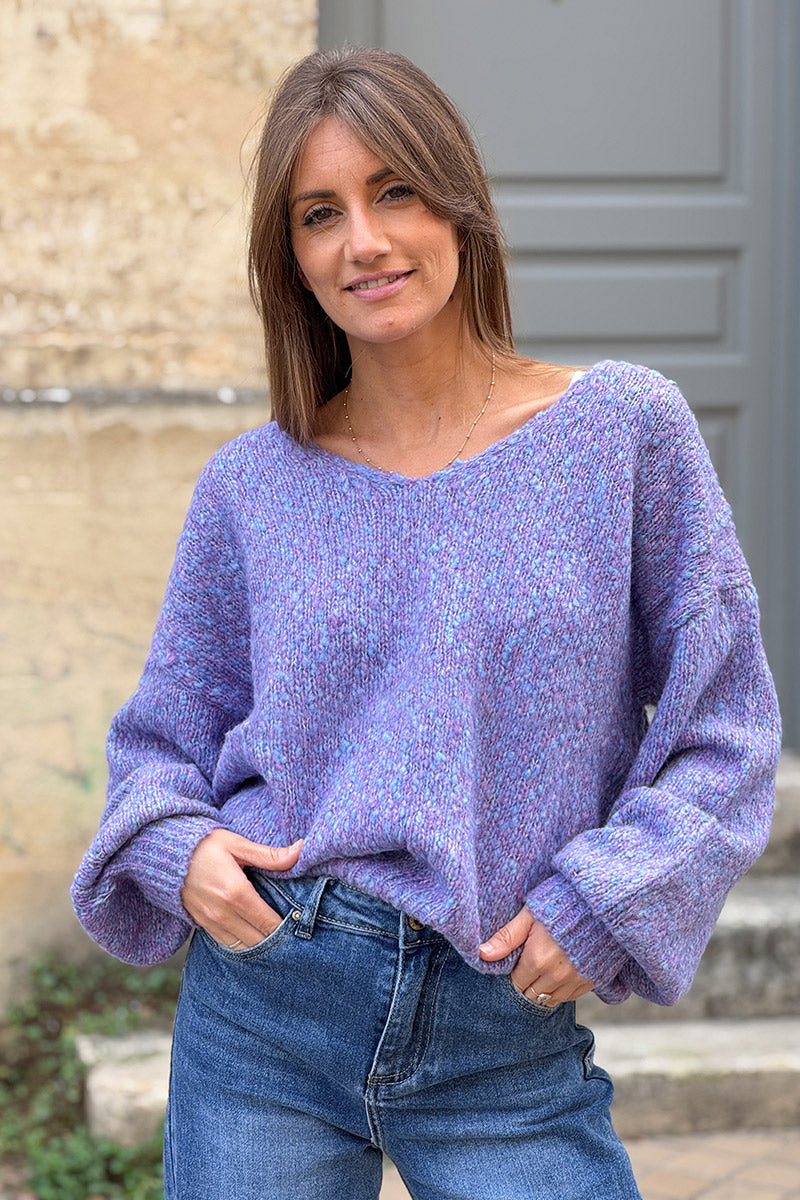 Pull moelleux violet en maille chinée col v