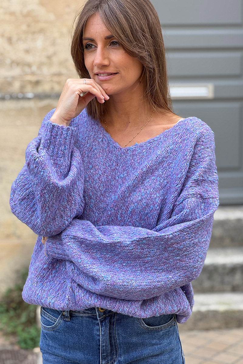 Pull moelleux violet en maille chinée col v