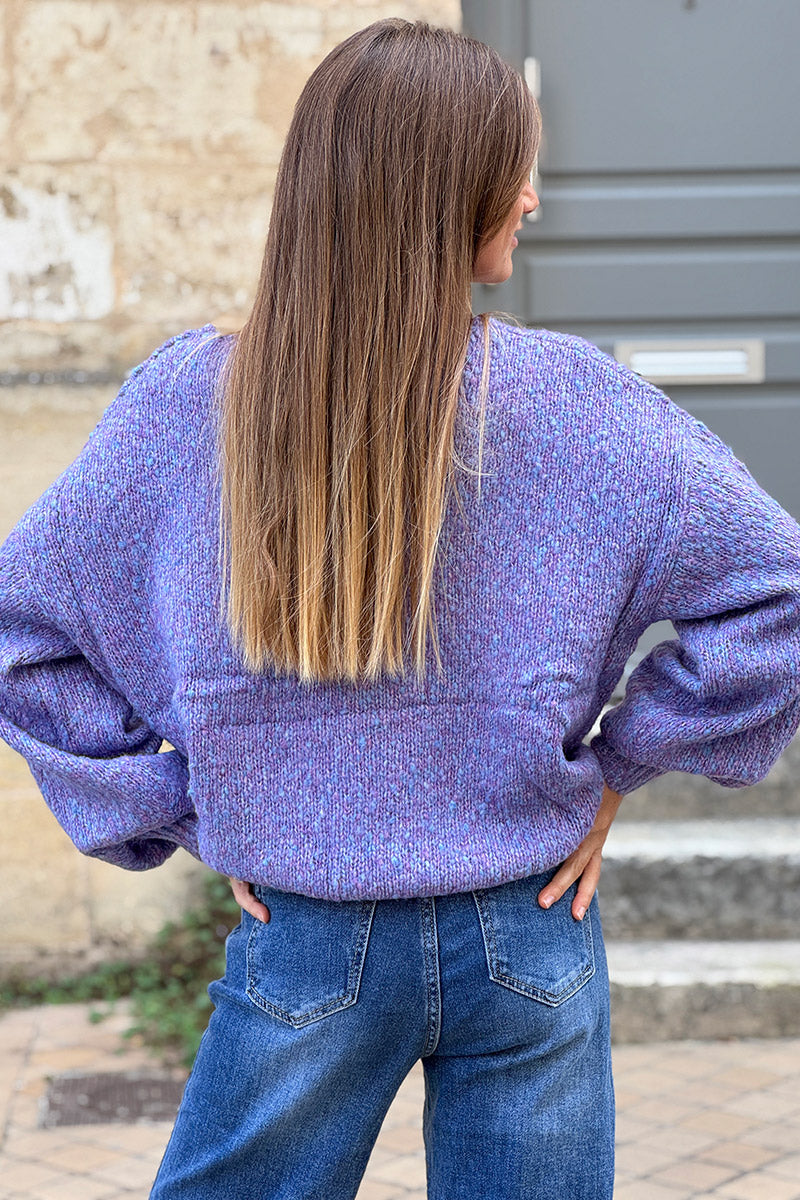 Pull moelleux violet en maille chinée col v