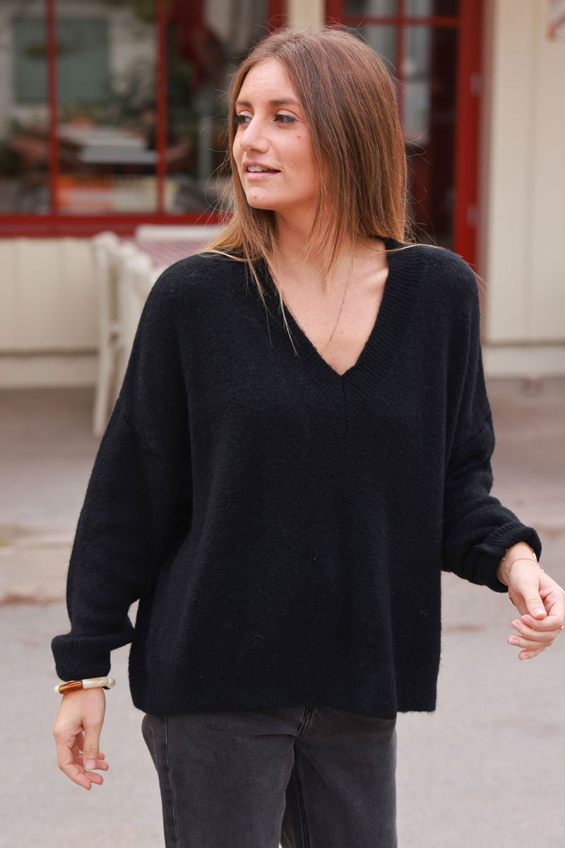 Black Alpaca Knit V-Neck Sweater