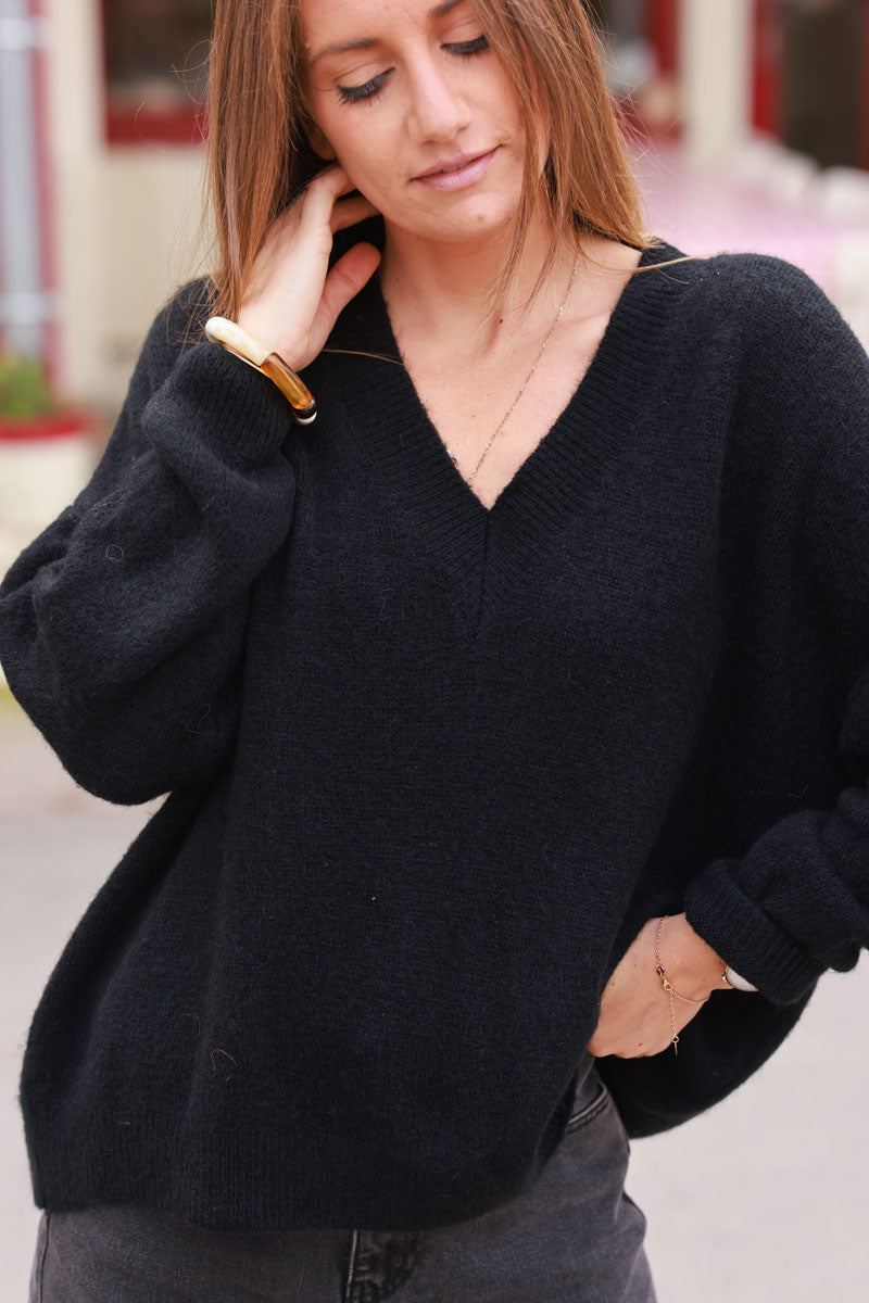 Black Alpaca Knit V-Neck Sweater