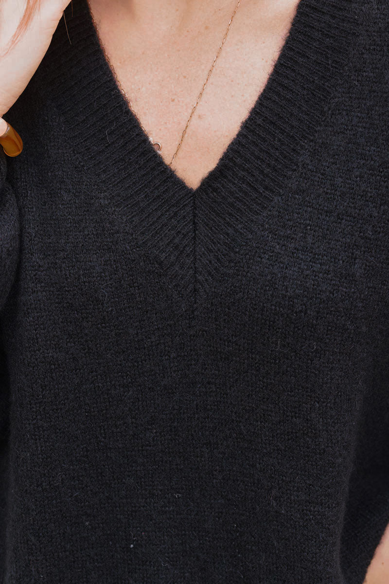 Black Alpaca Knit V-Neck Sweater