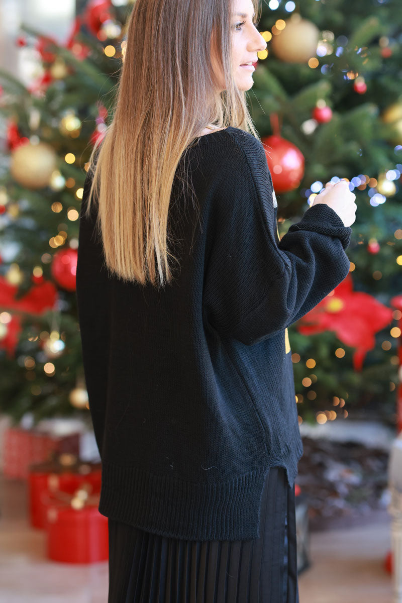 Black Metallic Heart Boat Neck Sweater