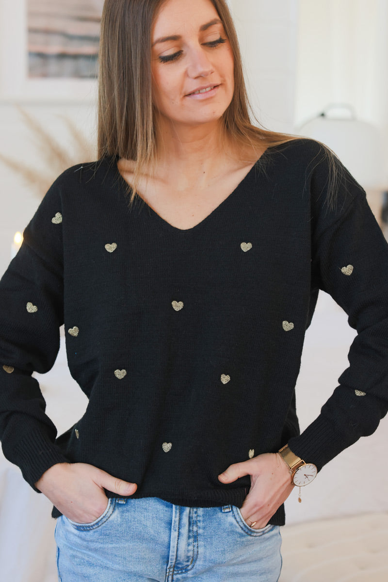 Black Embroidered Hearts V-Neck Sweater