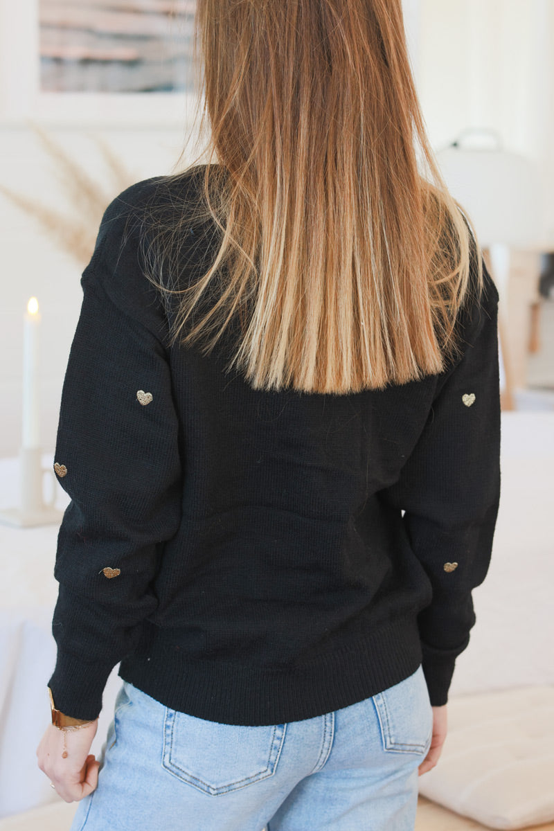 Black Embroidered Hearts V-Neck Sweater