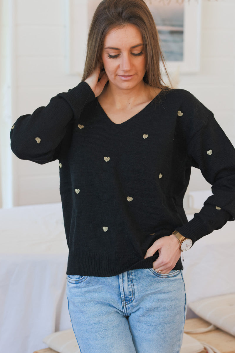 Black Embroidered Hearts V-Neck Sweater