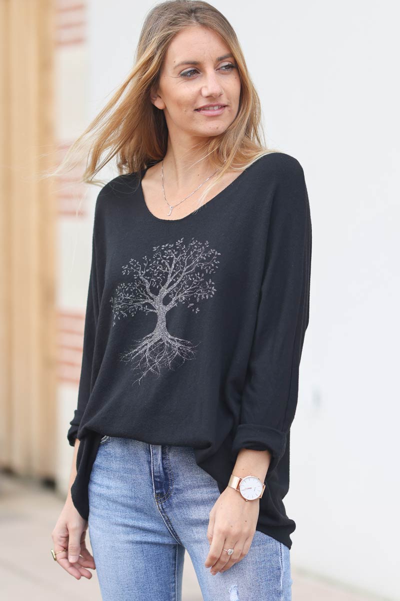 Pull noir jersey arbre de vie brillant