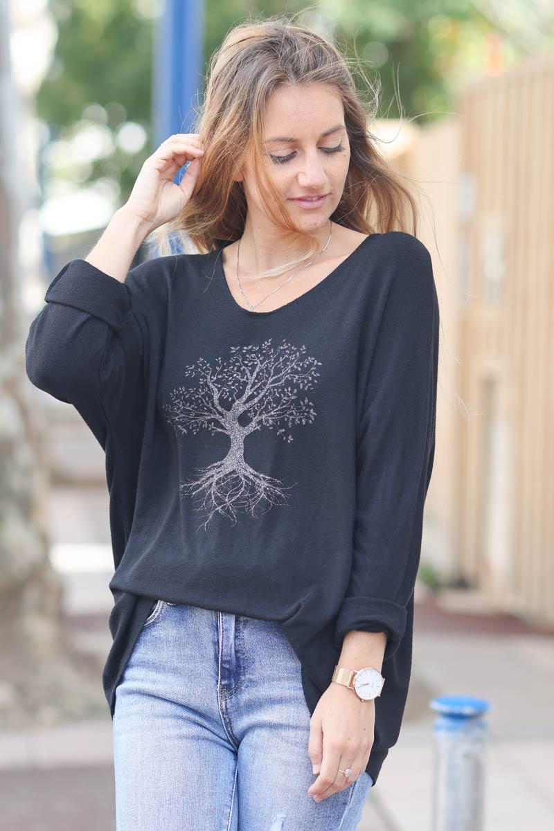 Pull noir jersey arbre de vie brillant