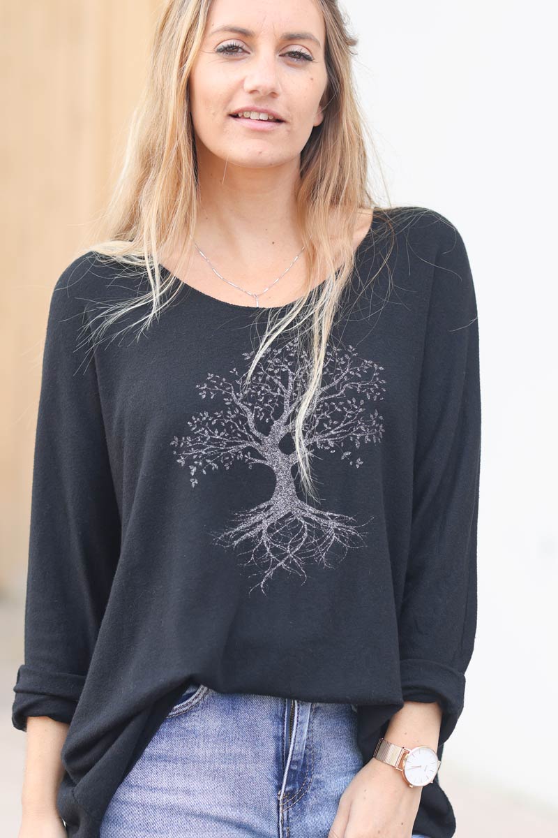 Pull noir jersey arbre de vie brillant