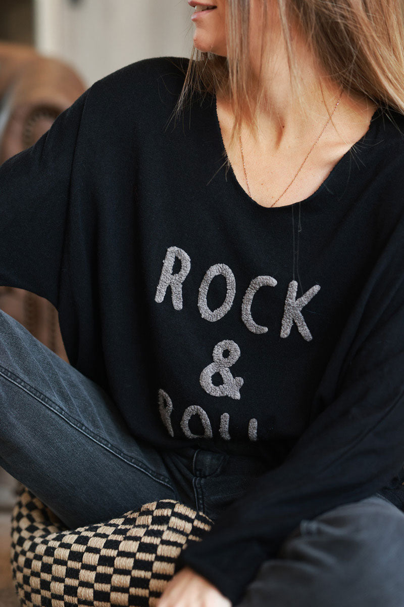 Black Slub Knit “Rock & Roll” Long Sleeve Tee