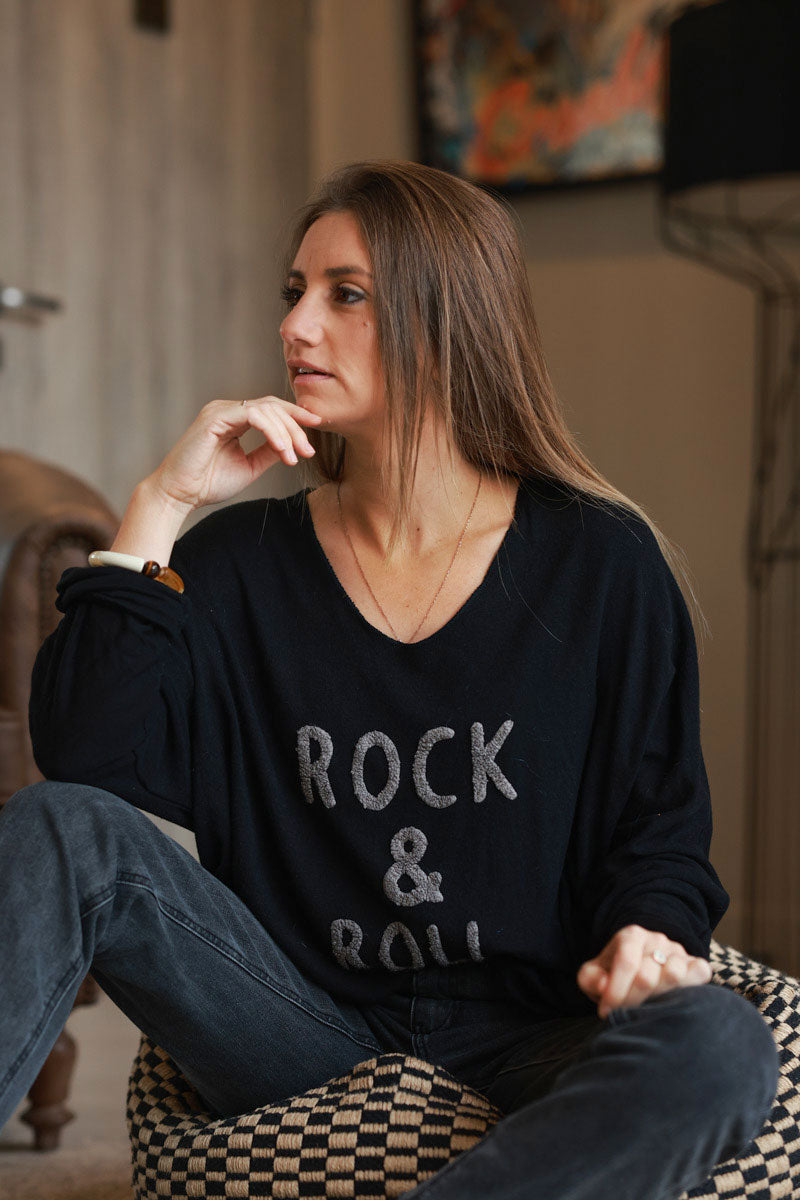 Black Slub Knit “Rock & Roll” Long Sleeve Tee