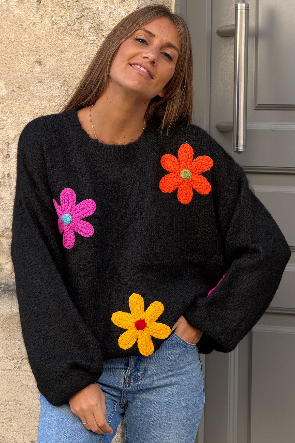 Black Flower Power Knit Applique Sweater
