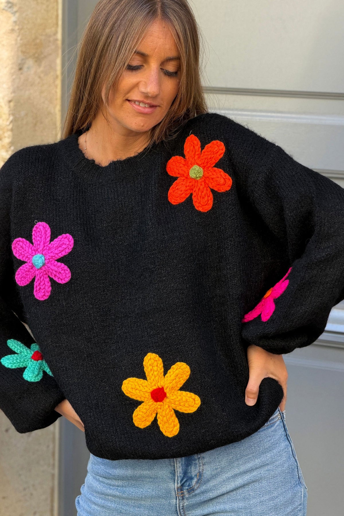 Black Flower Power Knit Applique Sweater
