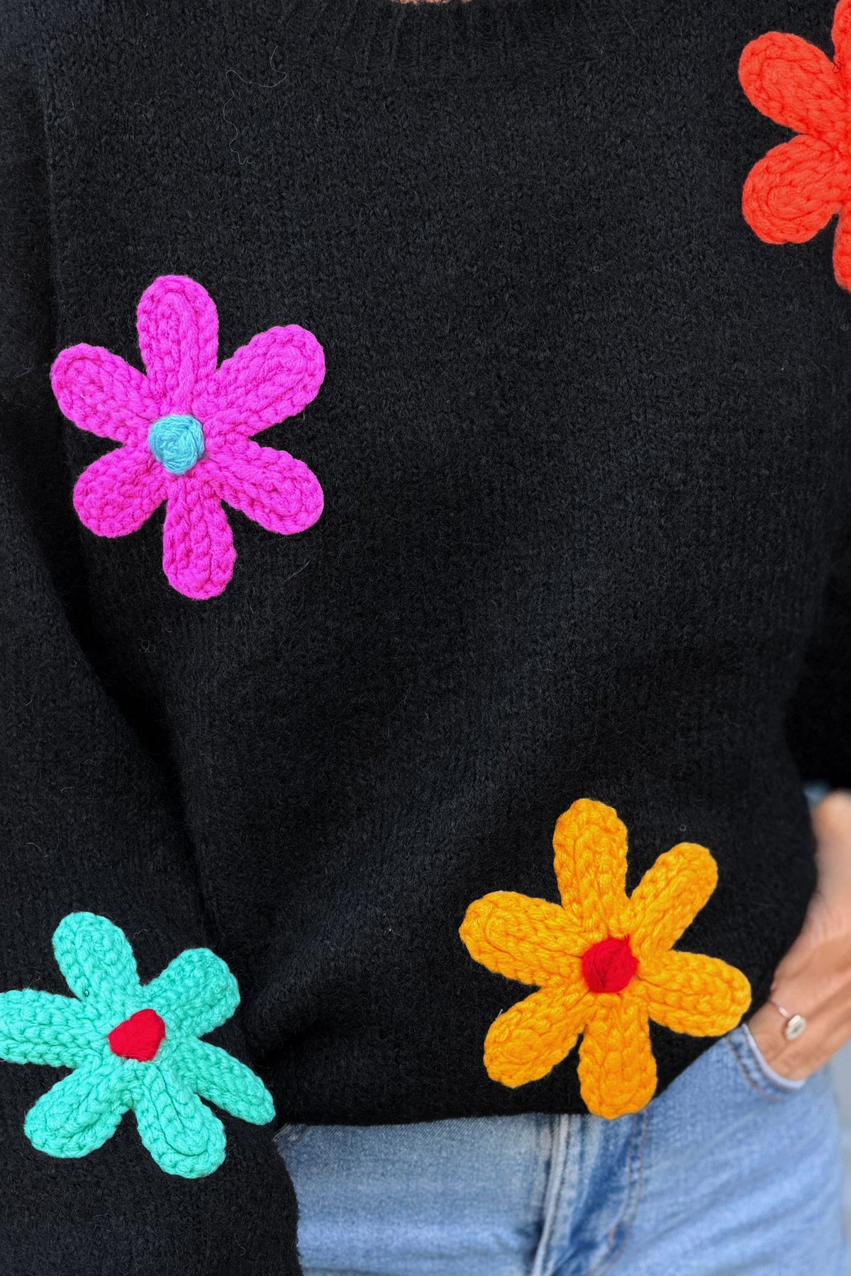 Black Flower Power Knit Applique Jumper