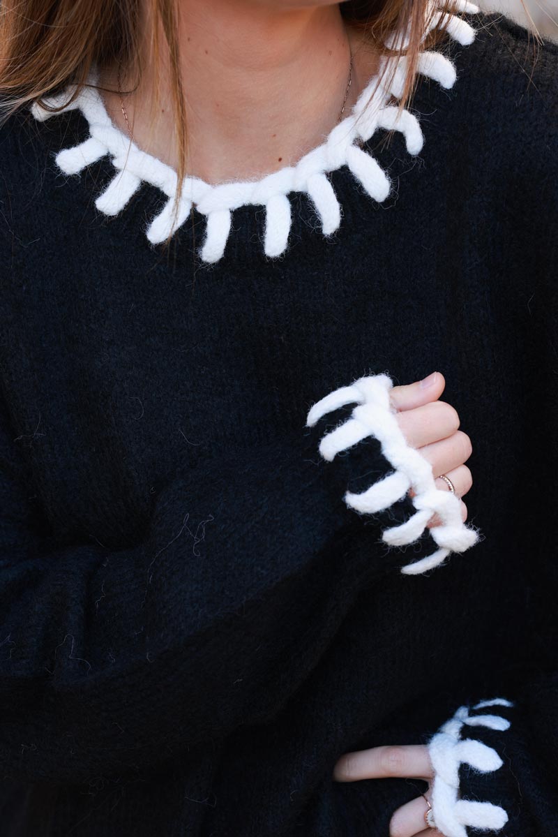 Black Wool Knit Sweater with Blanket Stitch Trim