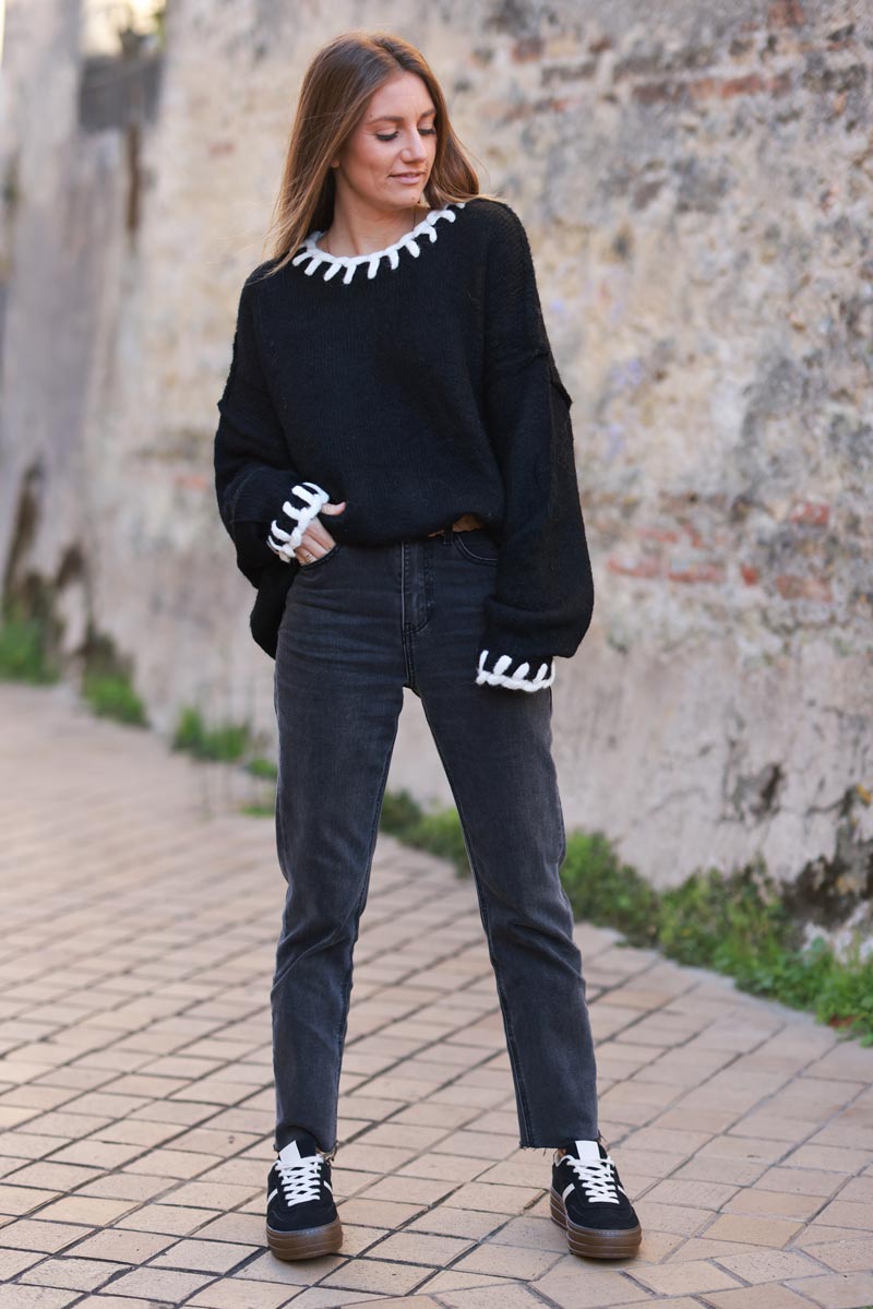 Black Wool Knit Sweater with Blanket Stitch Trim