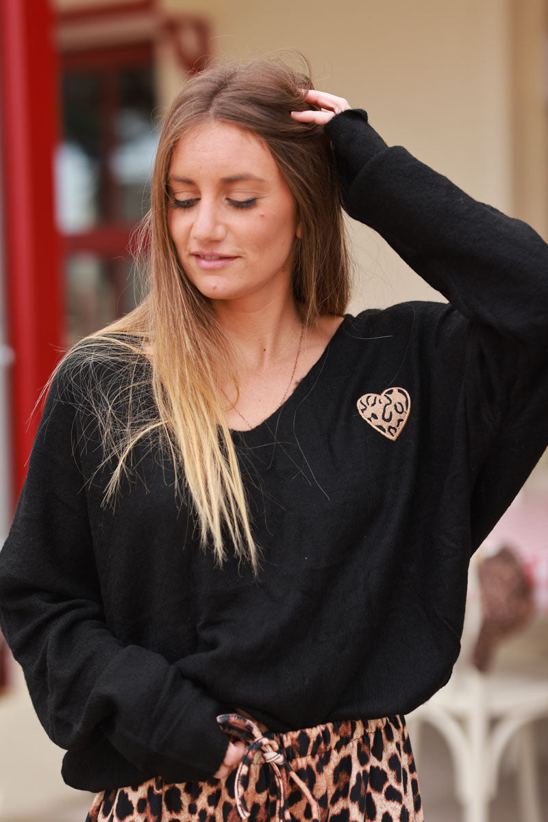 Black Heart Slouchy Knit V-Neck Sweater