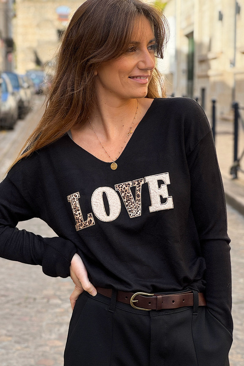 Black LOVE Leopard Applique V-Neck Long-Sleeve Tee