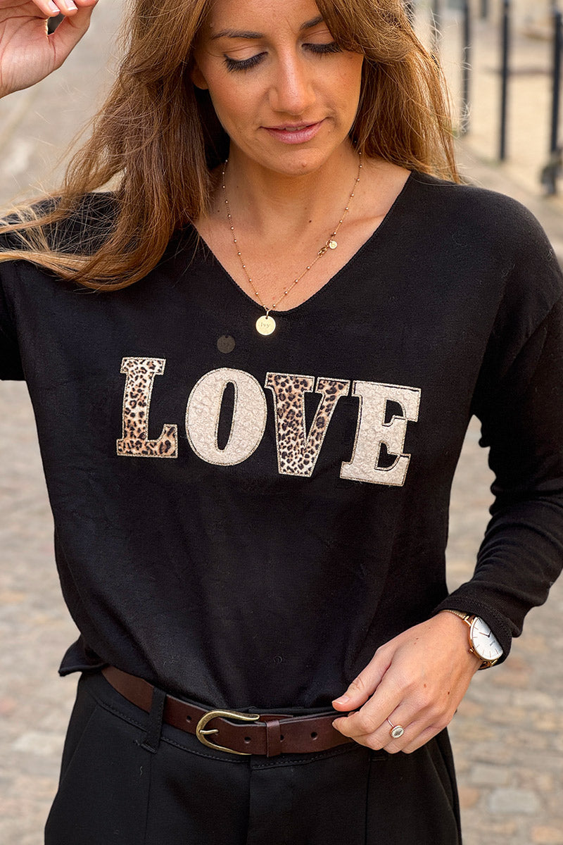 Black LOVE Leopard Applique V-Neck Long-Sleeve Tee