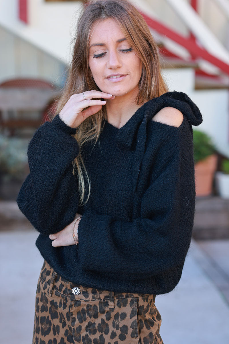 Black Tie-Shoulder Wool Blend Sweater