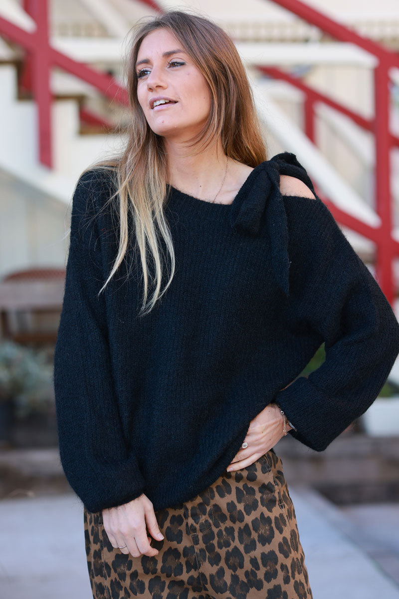 Black Tie-Shoulder Wool Blend Sweater