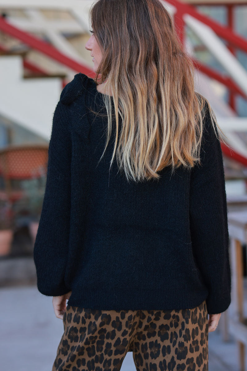 Black Tie-Shoulder Wool Blend Sweater