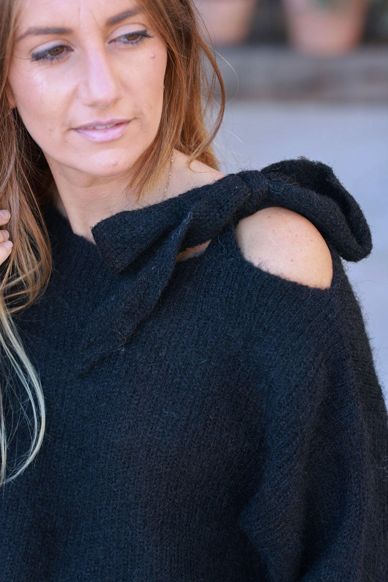 Black Tie-Shoulder Wool Blend Sweater