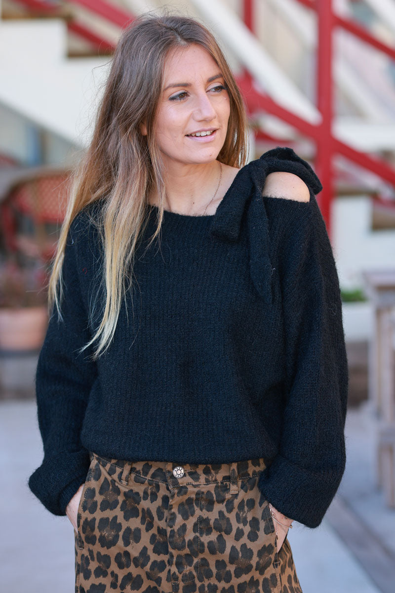 Black Tie-Shoulder Wool Blend Sweater