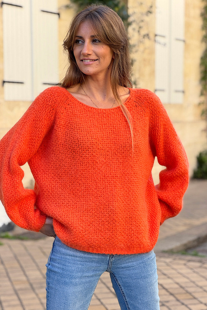 Pumpkin boat neck honeycomb knit Sweater